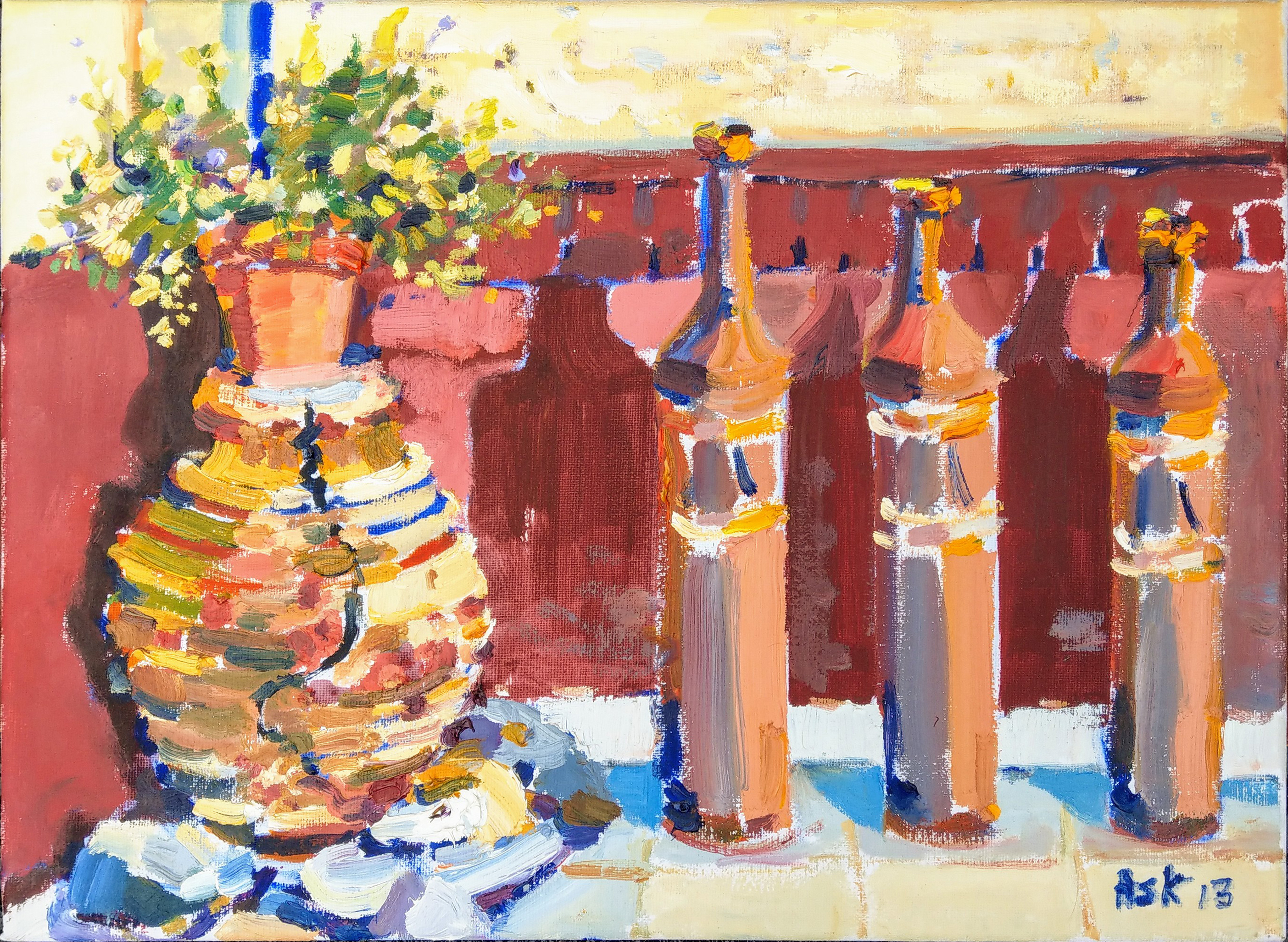 Greek Pottery on Elli's  Balcony
Πήλινα στο Μπαλκόνι της Έλλης 
Oil on Canvass 400 x 300 mm
by Elaine Ask 2013