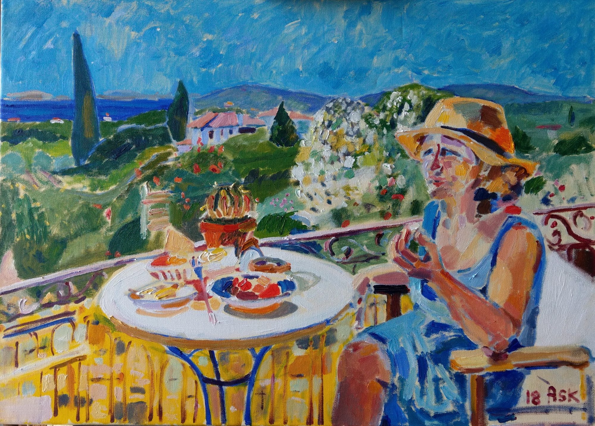 Painting by Ask
Oil on Canvass
2018 Chios
Elli having breakfast on her balcony
Approximately 800 x 600 mm