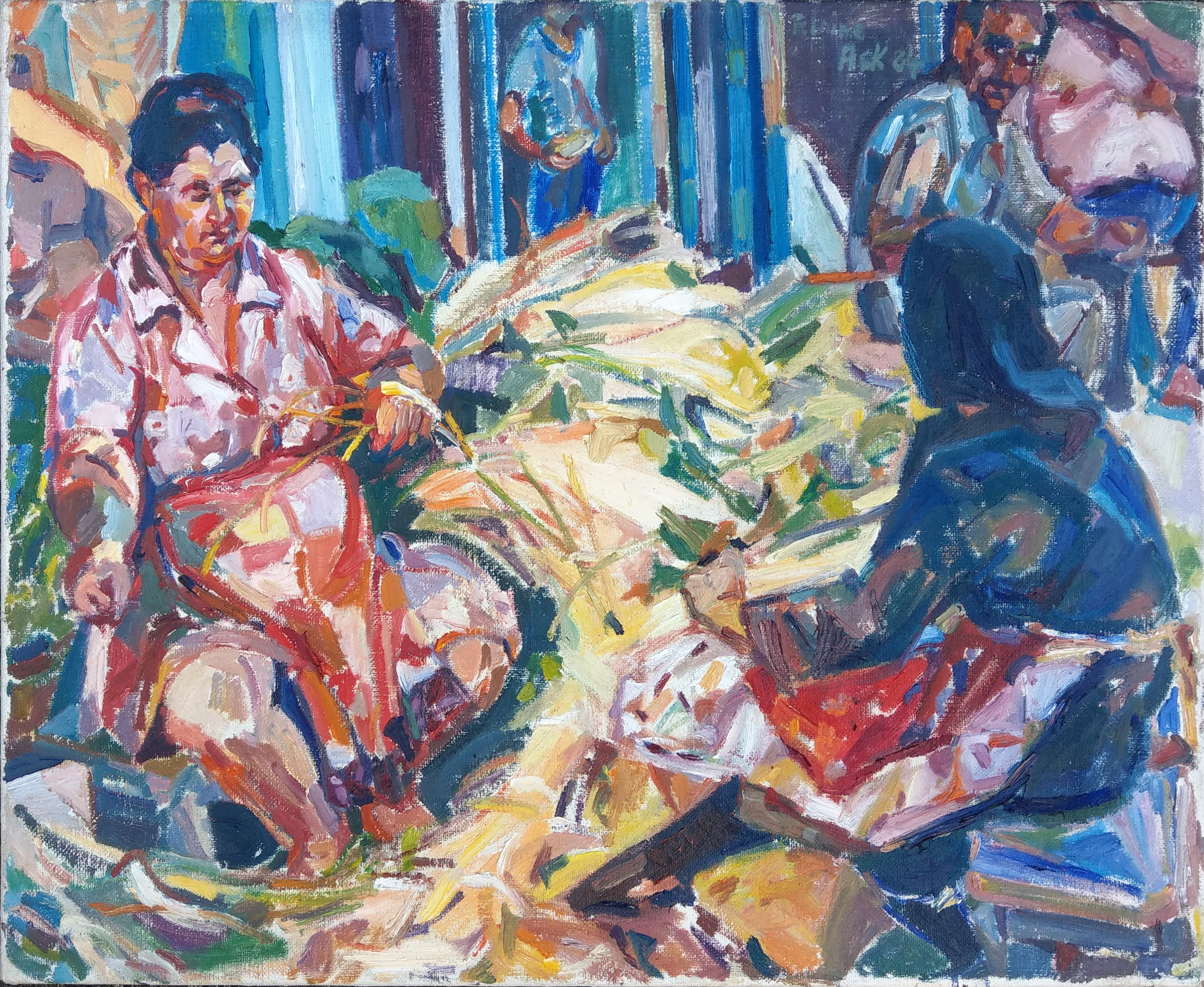 Greek villagers in Sarti, Halkidiki.  An oil painting by Elaine Ask 
oil on Canvass 1984