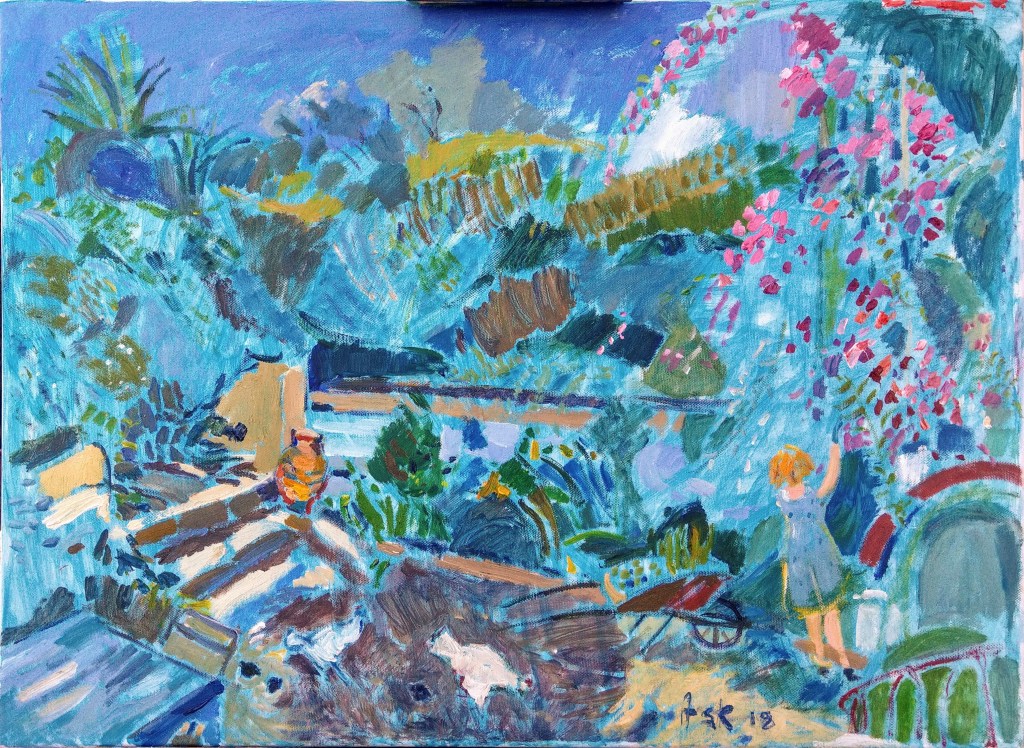 Elli watering her plants while the chickens cluck around. Oil on canvass by Ask, 700 x 500 mm