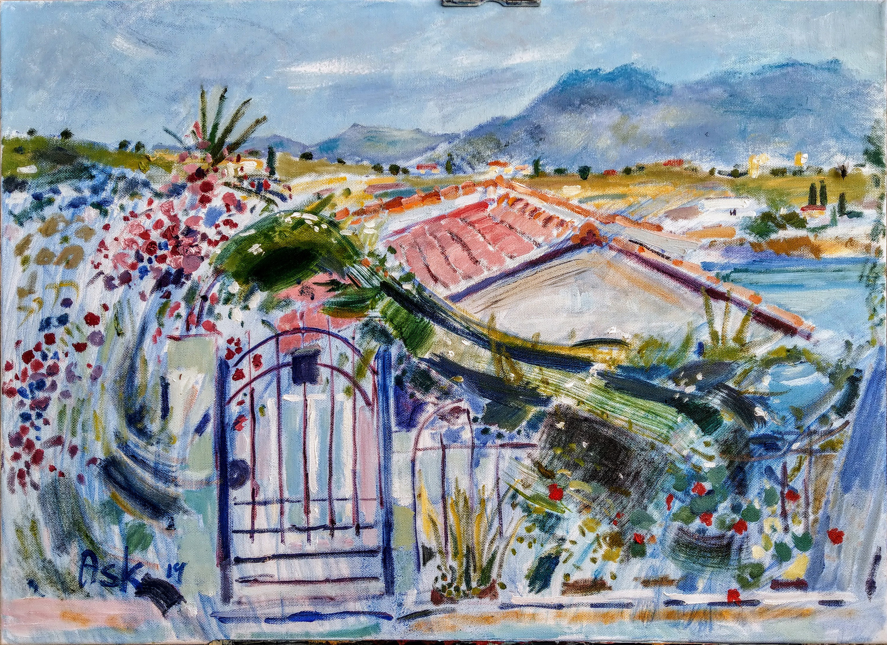 Oil Painting on canvass by Ask of a little house with sweeping curves of foliage over a curved metal gate, dotted with geraniums and bougainvillea 700 x 500 mm May 2019
"Μονοκατοικία με Λουλούδια" Αίγινα