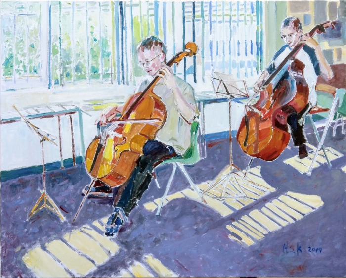 Young Cellist and Double Bass Player in a painting commissioned by their mother