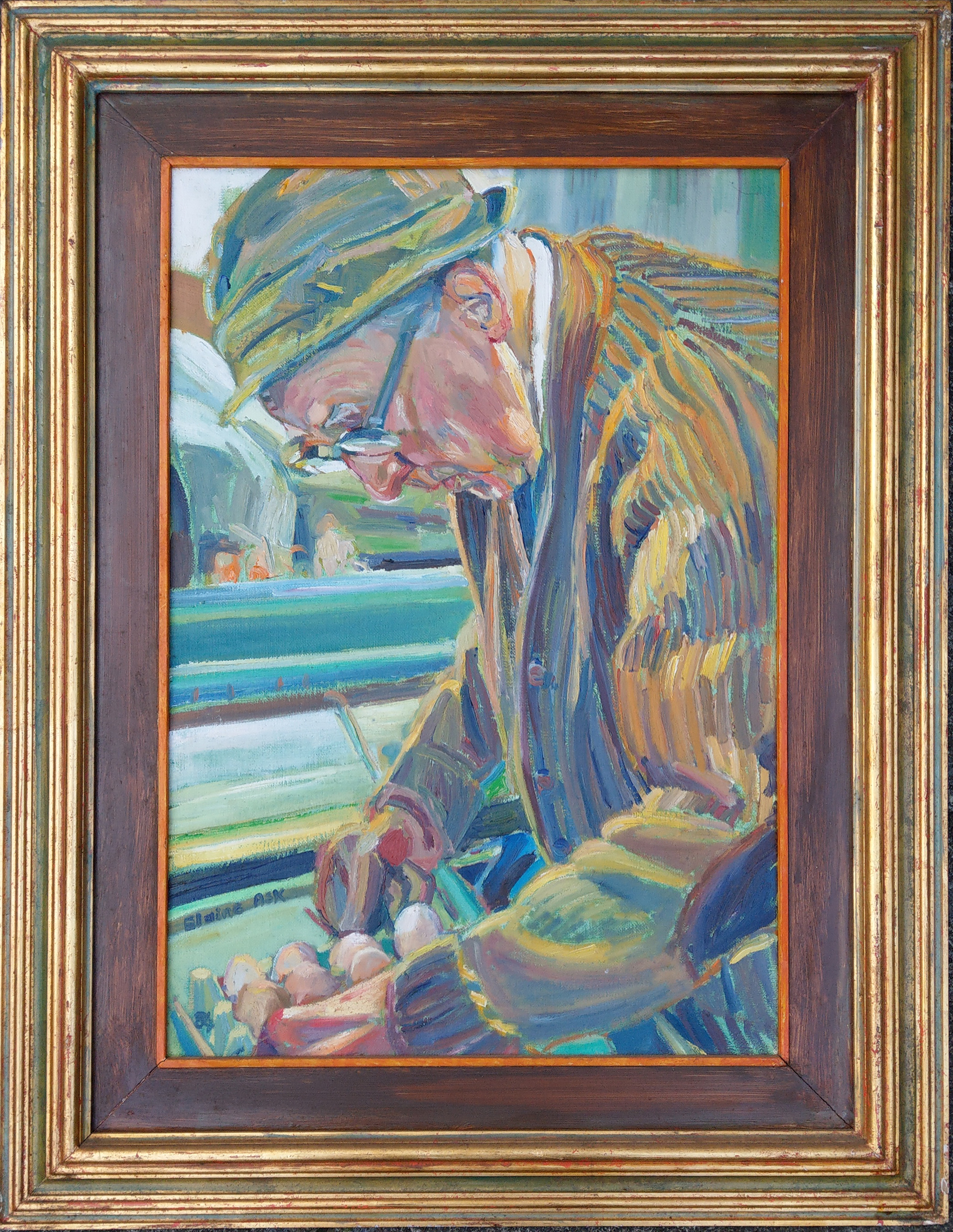 Oil on canvass "The Egg Man"
Signed Elaine Ask  
1984 in a frame and made by the artist.