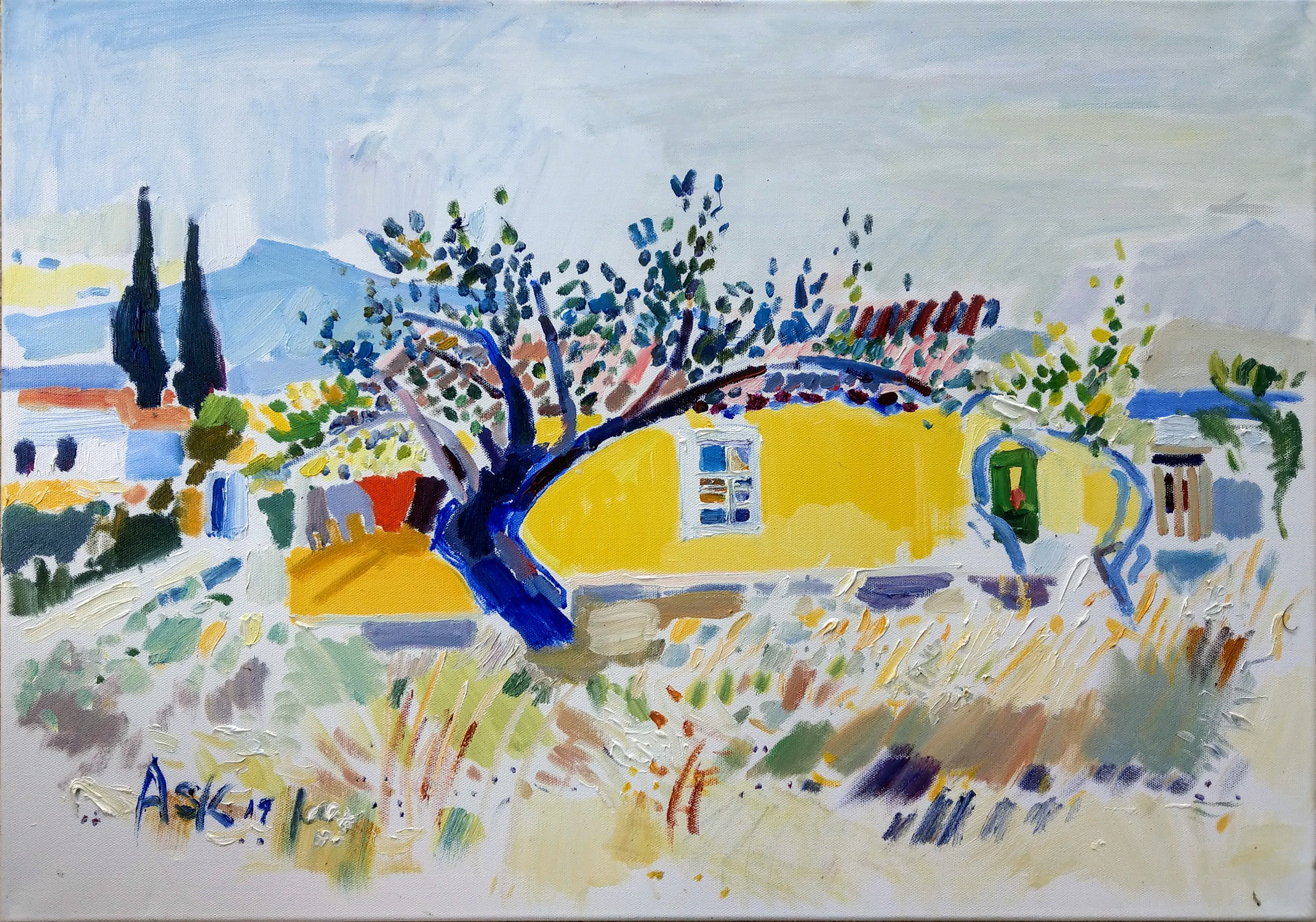 The Yellow House. This oil painting is in a private collection., so not available for sale. Painting by Ask , May 2019, in Aegina