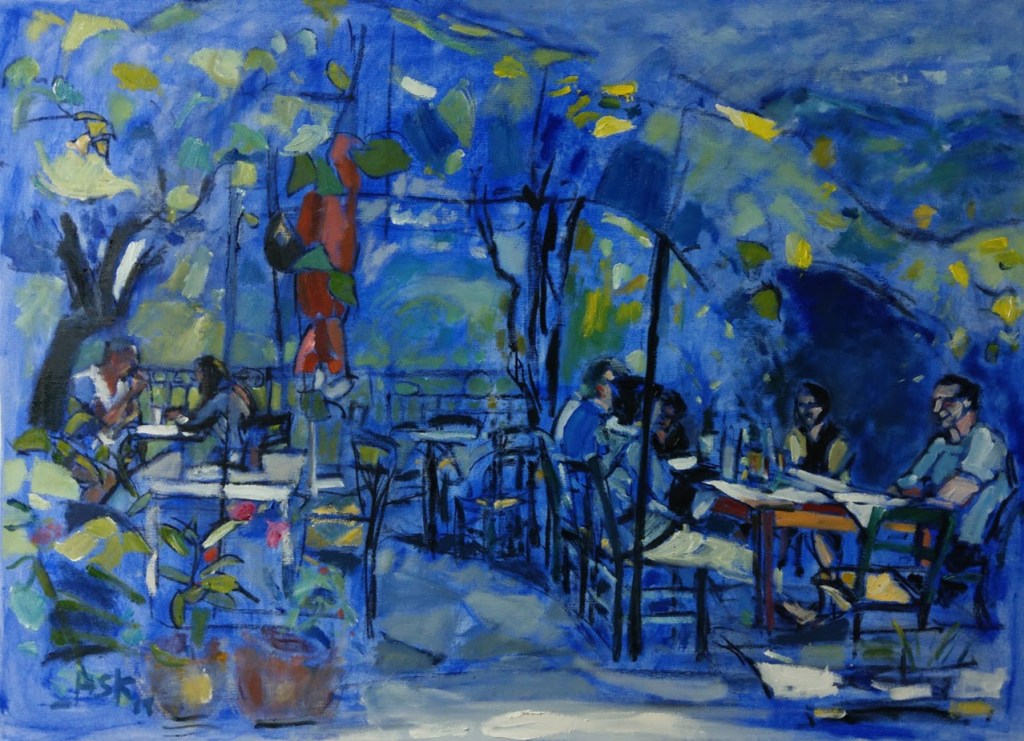 Oil on canvass by Ask.
Restaurant in Manolates, Samos, Greece.