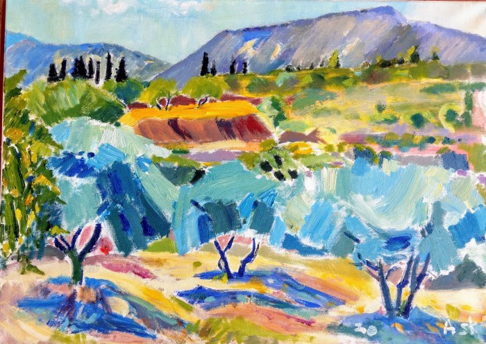 Greek, landscape, Villa Terracotta, oil painting, oil on canvas, by Elaine Ask, Ask,